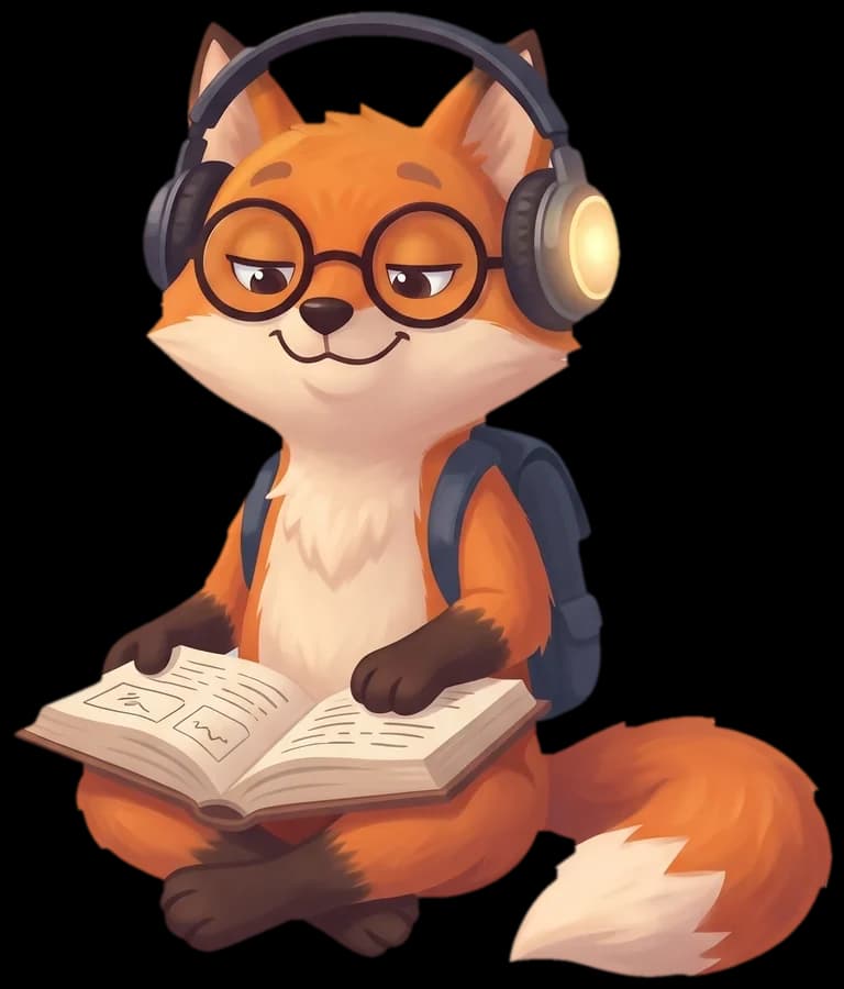 Finn, the fox with glasses, listening to the story on headphones.