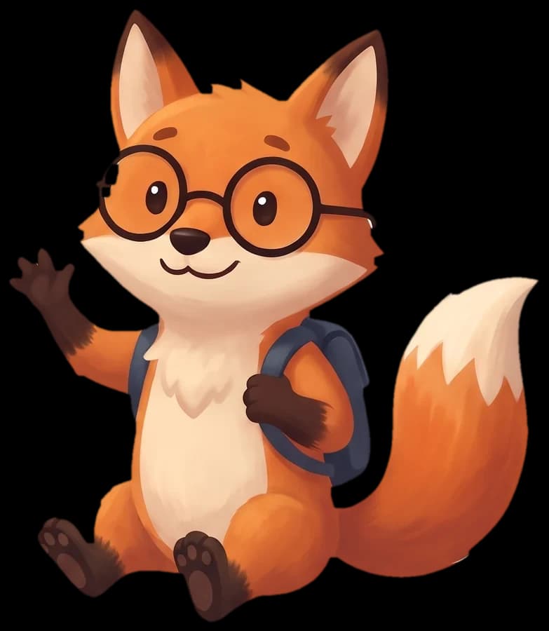 Finn, the fox with glasses, waving at you.