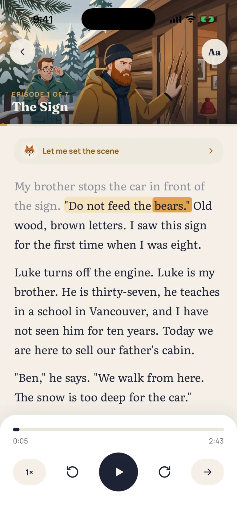 Finn's reading screen: the story text lights up in time with the voice.