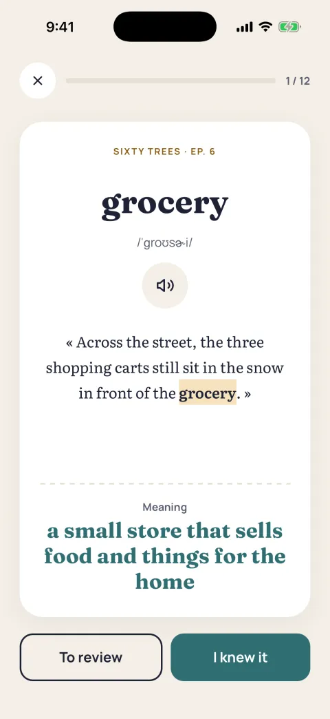 Reviewing the word “grocery”: its meaning, with “To review” and “I knew it”.