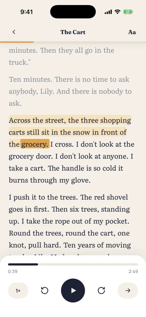 The word “grocery” tapped in the story, with its translation.